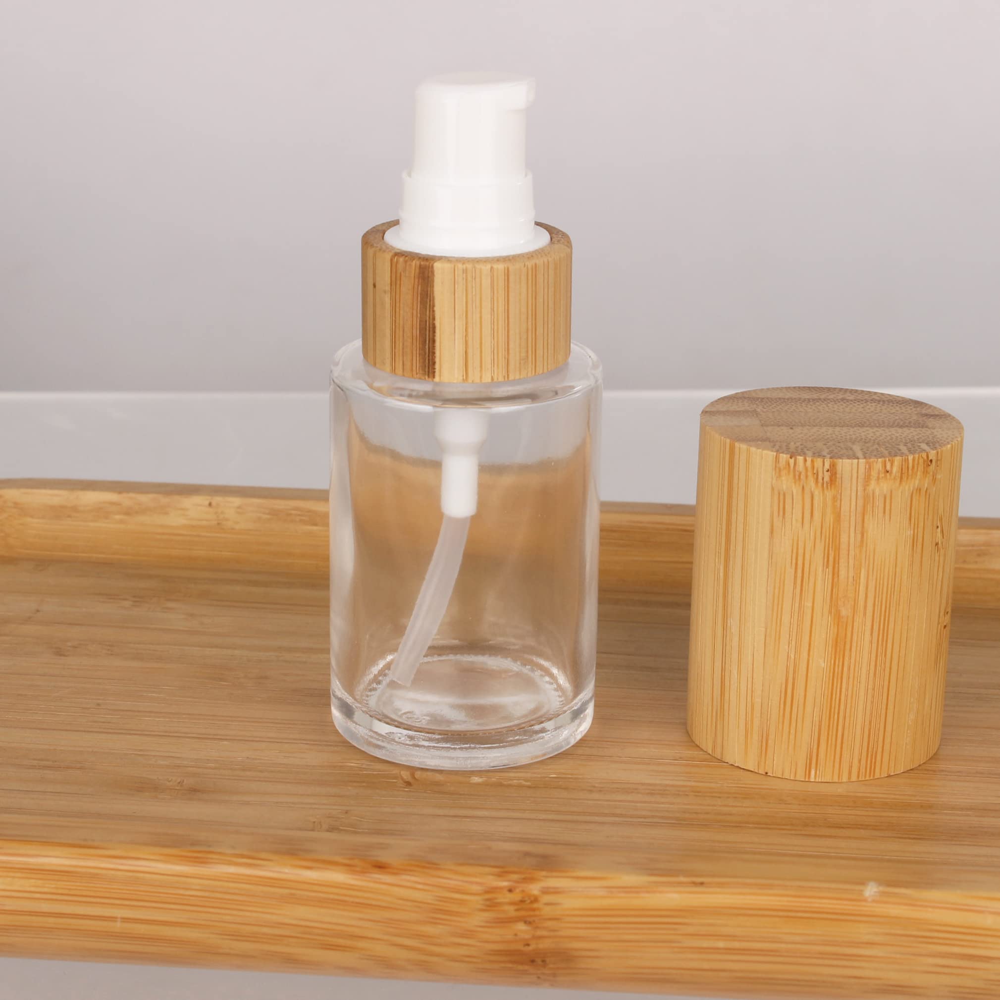 Cosidea 6 Pcs Empty 1Oz / 30Ml Bamboo Lids Clear Glass Bottle With Lotion Pump Dispenser, Refillable Emulsion Cosmetic Cream Bot